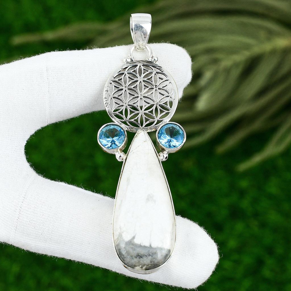 Natural Howlite Swiss Blue Topaz 925 Silver Handcrafted Wedding Mother Pendant