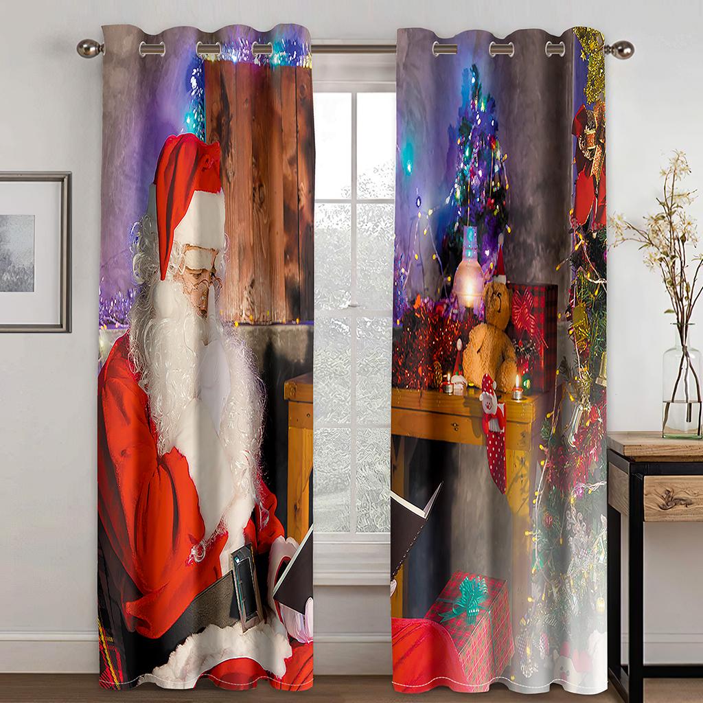 Christmas Decoration Curtain 3D Cartoon Santa Claus Christmas Tree Polyester Cloth Curtain Snowman Pattern Festive Atmosphere