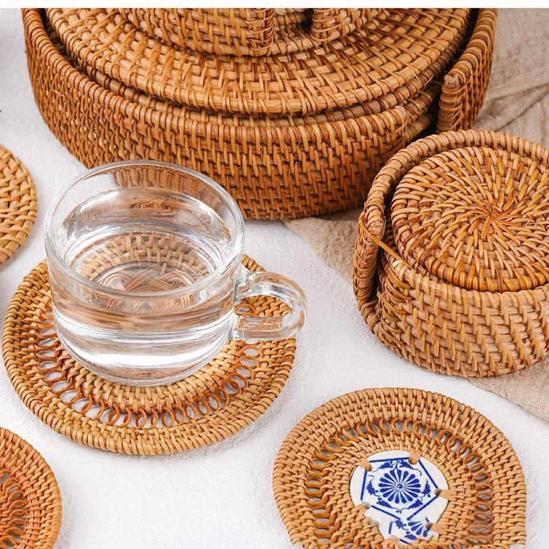 Handmade Rattan Coasters Heat Insulation and Anti-skidding Tea Cup Pad Reusable Slip Resistant Mug Coaster Drinkware Decor