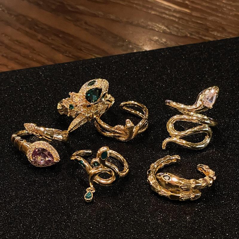 Medieval Retro Fashion Gold Serpentine Open Ring Elegant Exquisite Zircon Personalized Accessories Women