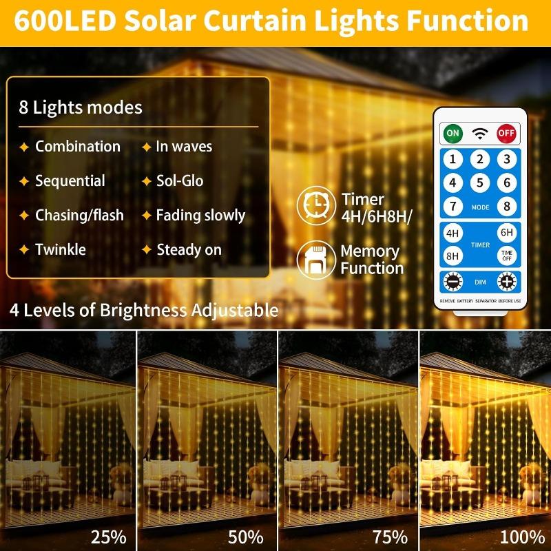 Outdoor Solar Curtain Light 3x3M 300Leds Holiday Decorations Garland 8 Modes Halloween Christmas Party Decor String Lights