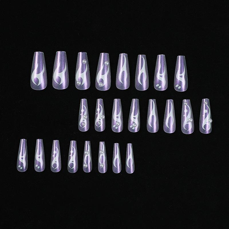 Aurora Wearable Long Fake Nails - White Flame Pearl Nail Art - Removable Finished Pieces