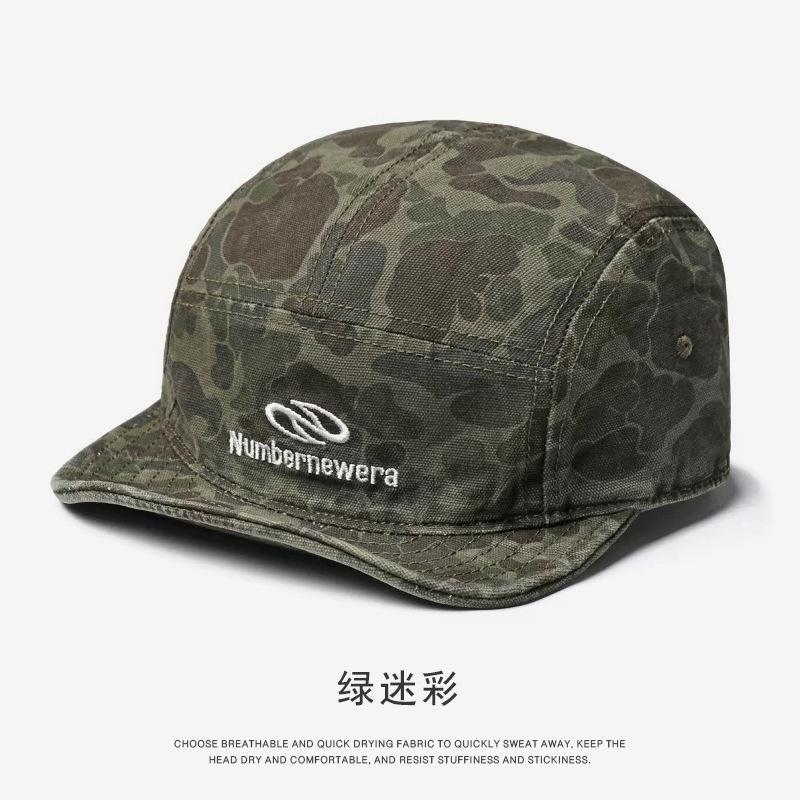 American-style camouflage baseball cap, men's workwear style, soft brim, five-panel design, makes the face appear smaller, short brim, embroidered