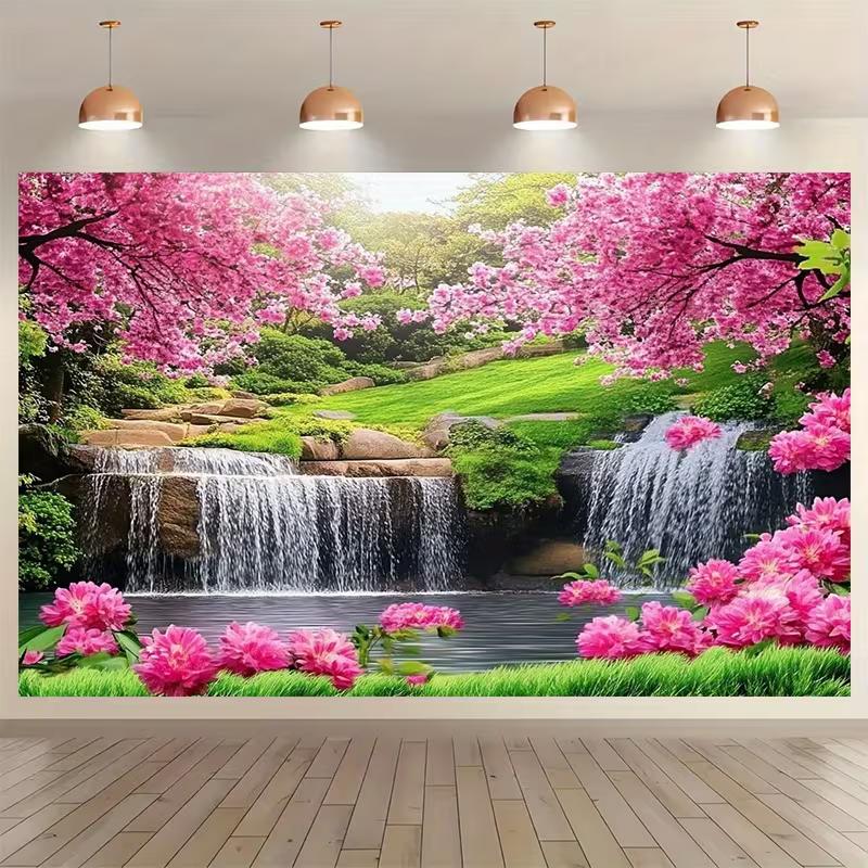 2D Spring Flower Waterfall Backdrop Lush Greenery Photography Background Cloth
