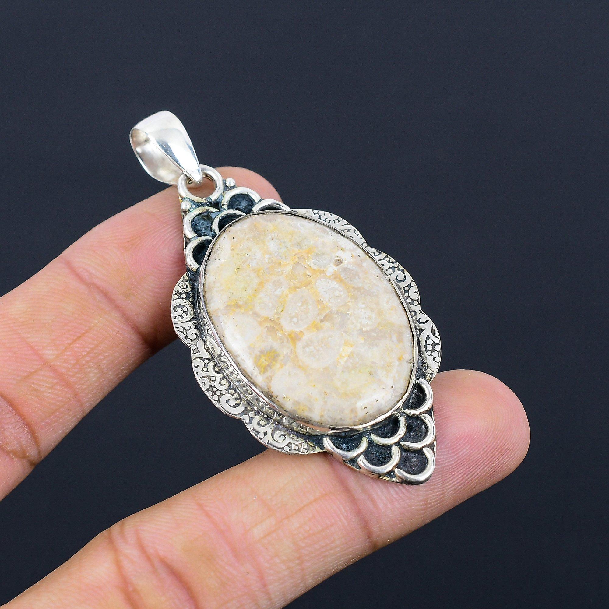 

Womens day Sale Natural Fossil Coral Wedding Pendant Jewelry 925 Sterling Silver