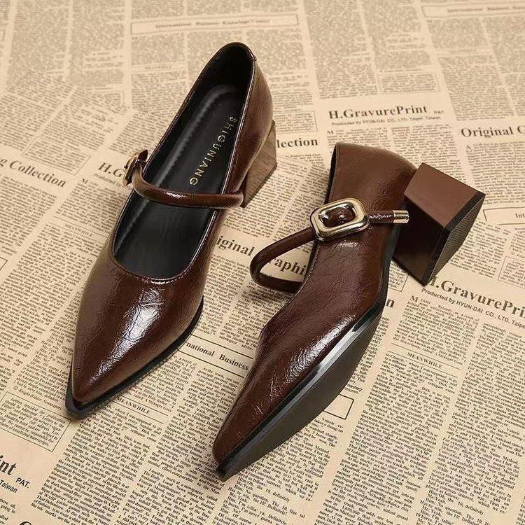 Premium  Mary Janes French Vintage Pointed Toe Pumps Chunky Heel Single Strap Shoes Buckle Decor