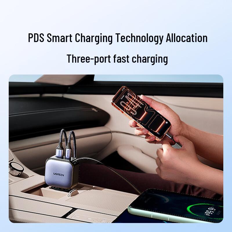 UGREEN 90W Multi-Port Car Charger with Retractable Cable