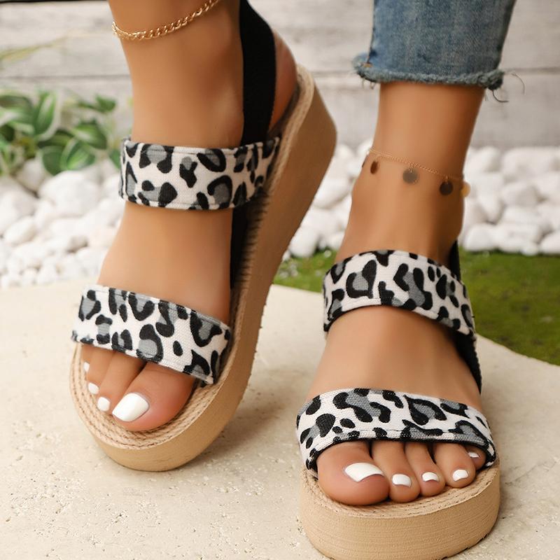 Fashion Summer Leopard Open Toe Sandals for Women Fashion Back Strap Med Heel Sandal Woman 2025 Thick Platform Wedge Sandals Female