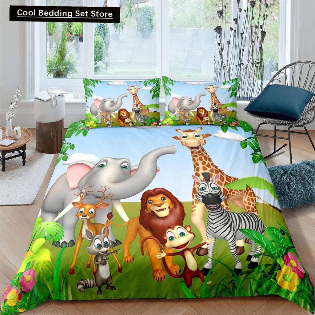 Kids Cartoon Animal Zebra Giraffe Fox Kangaroo King Queen Duvet Cover Boy Girl Rabbit Wildlife Bedding Set Polyester Quilt Cover