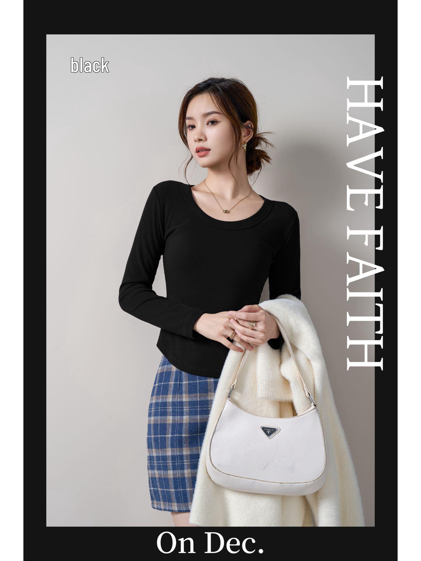 

Осенний женский облегающий трикотажный топ с длинным рукавом и квадратным вырезом L [80-105 jin] чёрный