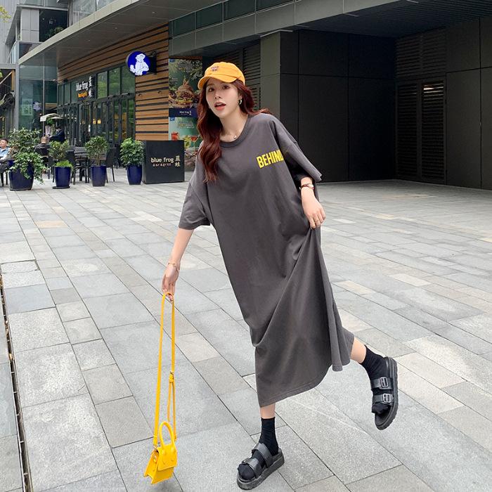 Fat Mm Summer 2026 New Korean Version Loose Large Size Split Knee T-shirt Long Skirt Short Sleeve Dress Women's Clothing