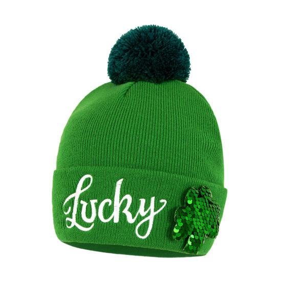 

St. Patrick s Day Shamrock Hat Irish Cuffed Pom Knit Hat Green Sequins Clover Skull Cap for Women Men Party Costume Accessory