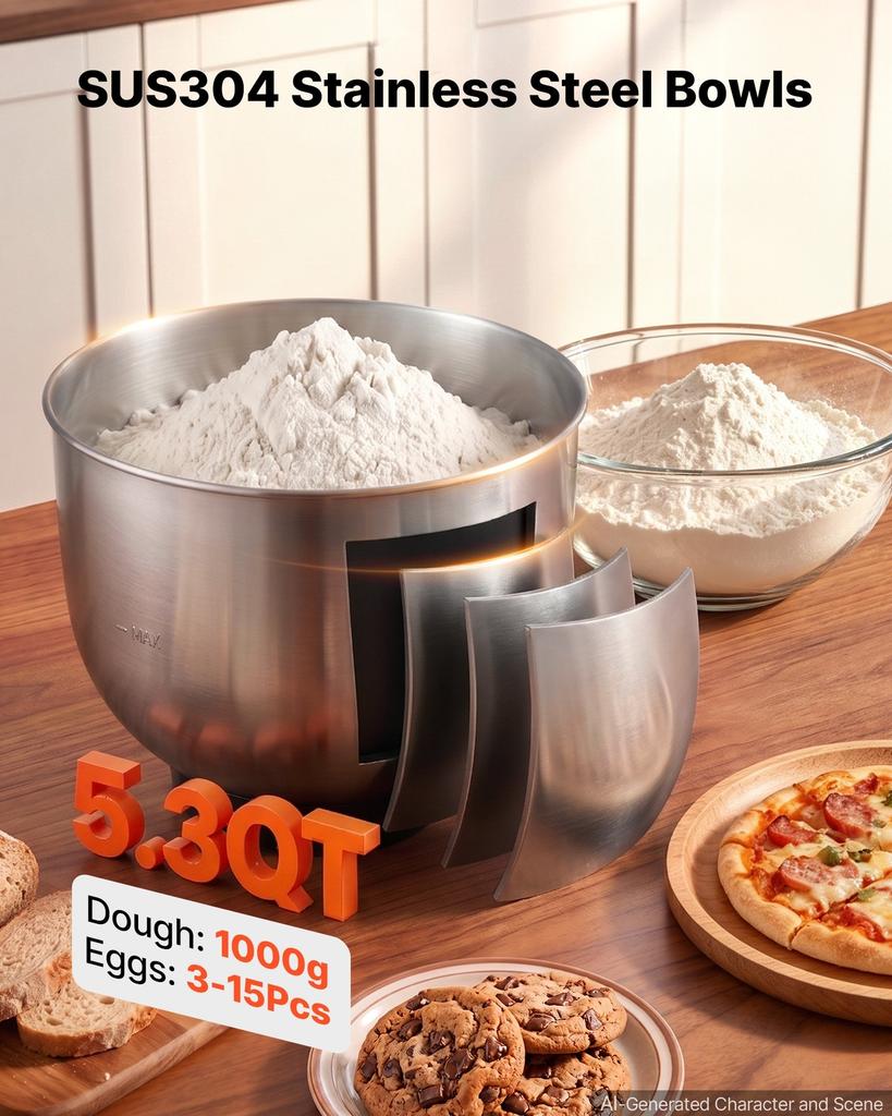 5L Tilt Head Stand Mixer 1000W Electric Dough Mixer, 10 Speeds Food Kitchen Mixer with Stainless Steel Bowl, Splash Guard, Dough Hook, Whisk, Beater,