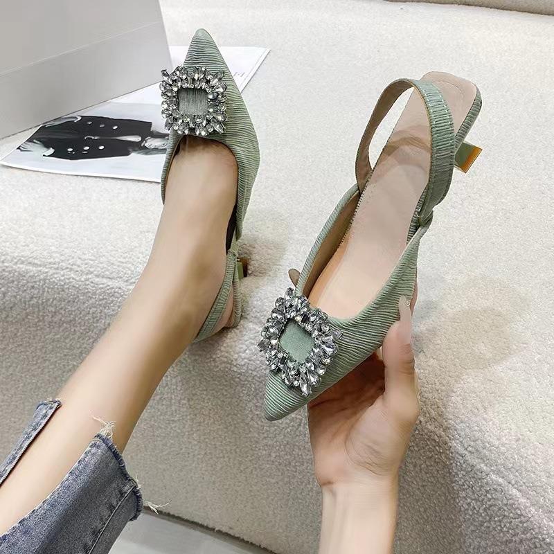 Baotou sandals women's new summer rhinestone square buckle rear thin heel high heel pointed single shoe