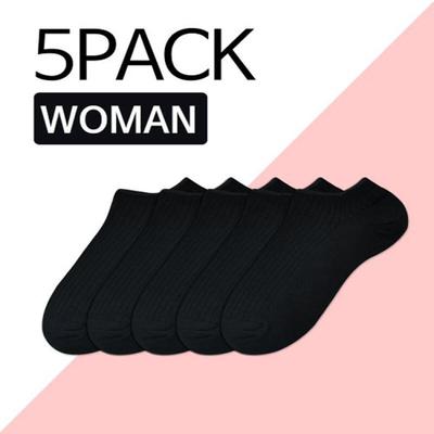 [5PACKS] Women's Plain Basic Sneakers with Golji Ankle Socks - Black