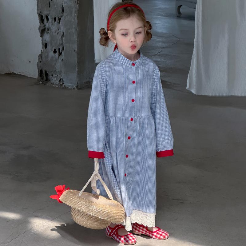 2025 Spring Korean Retro Plaid Knee-Length Dress with Buttons for Girls