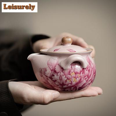 200ml Handmade Pink Ru Kiln Porcelain Teapot Antique Peony Anti Scald Pot Tea Brewing Kettle With Strainer Teaset Supplies Gift