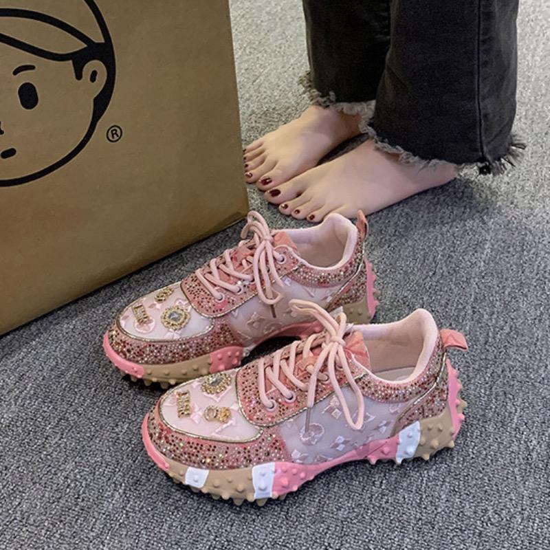 Women Sneakers Mesh Breathable Casual Luxury Rhinestone Lace Up Platform Vulcanized Shoes Zapatos Mujer