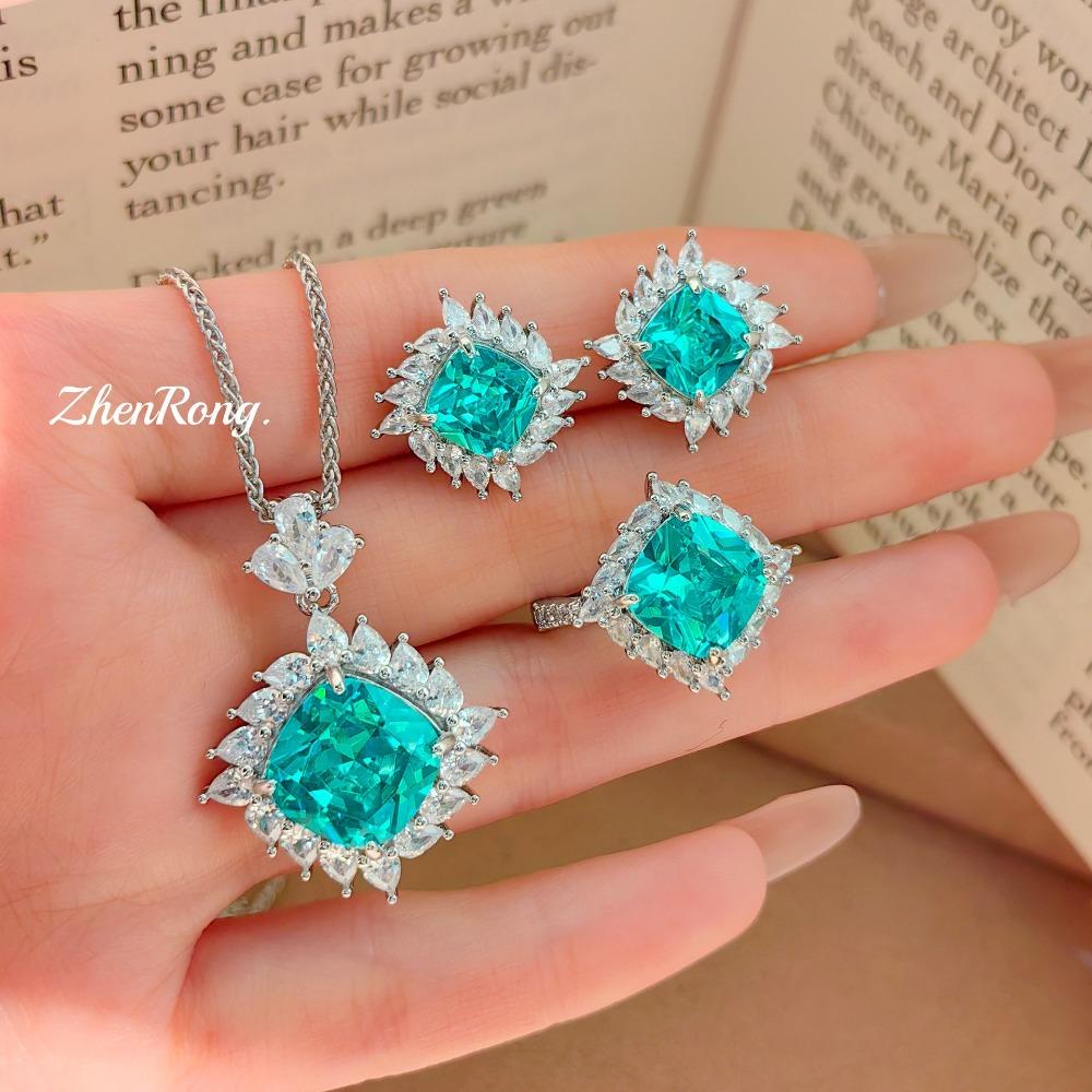 Women Elegant Jewelry Set Pink Tourmaline Square Ring Pendant Necklace High Carbon Diamond Stud Earrings