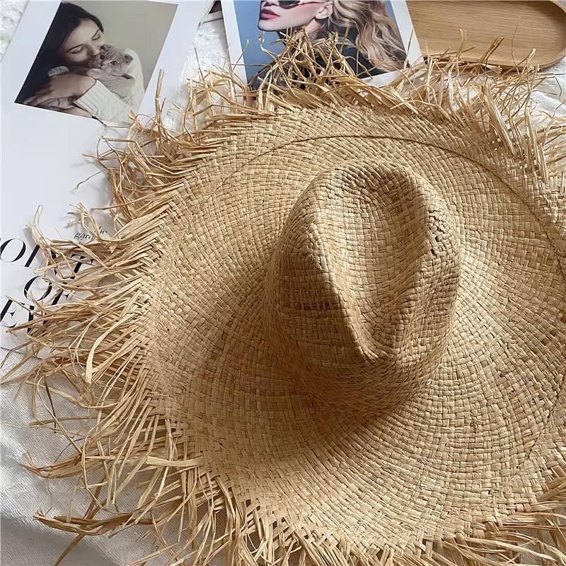 Boater Straw Hat wide brim French elegant square ribbon women's sun hat holiday straw hat