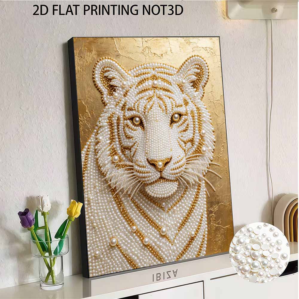 5D DIY Pearl Diamond Painting Kit Majestic White Tiger Full Drill Embroidery Mosaic Art Home Wall Decor Gift