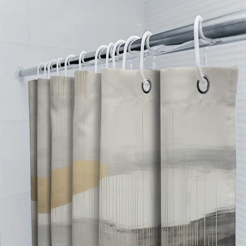 Modern Art Print Shower Curtain With Gold Stripes Neutral Bathroom Decor For Home Kitchen (White)