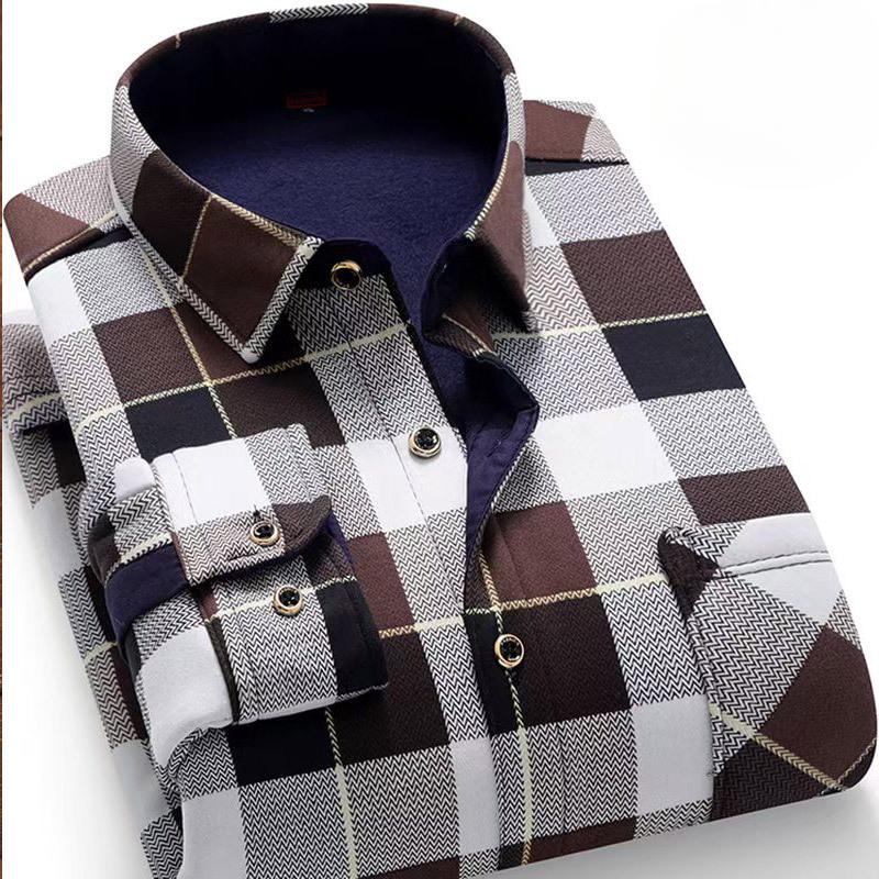

Мужская осенне-зимняя рубашка в клетку с принтом в тон, толстый плюш с длинными рукавами и лацканами, однобортный кардиган, деловой стиль, отец средних лет 2XL