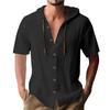 Men's Solid-color Casual Short-sleeved Shirt with A Hooded Drawstring Cotton Cardigan Is Trendy, Versatile and Loose