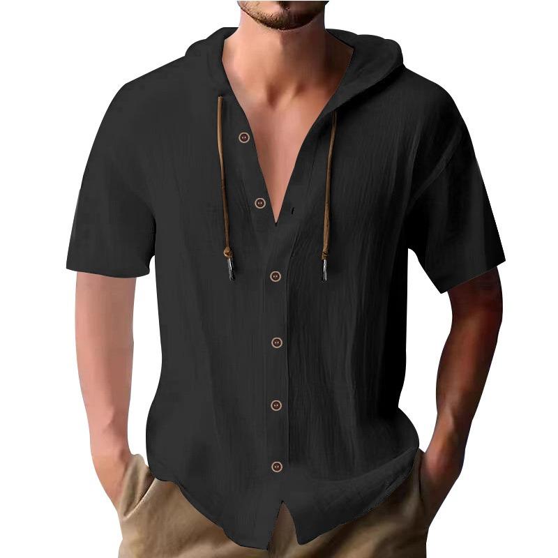 Men's Solid-color Casual Short-sleeved Shirt with A Hooded Drawstring Cotton Cardigan Is Trendy, Versatile and Loose