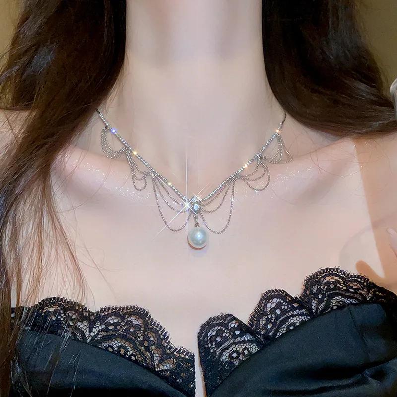 Tassel Pearl Zircon Necklace for Women Romantic Charm Fashionable Prom Accessories Clavicle Chain Party Zircon Birthday Gifts