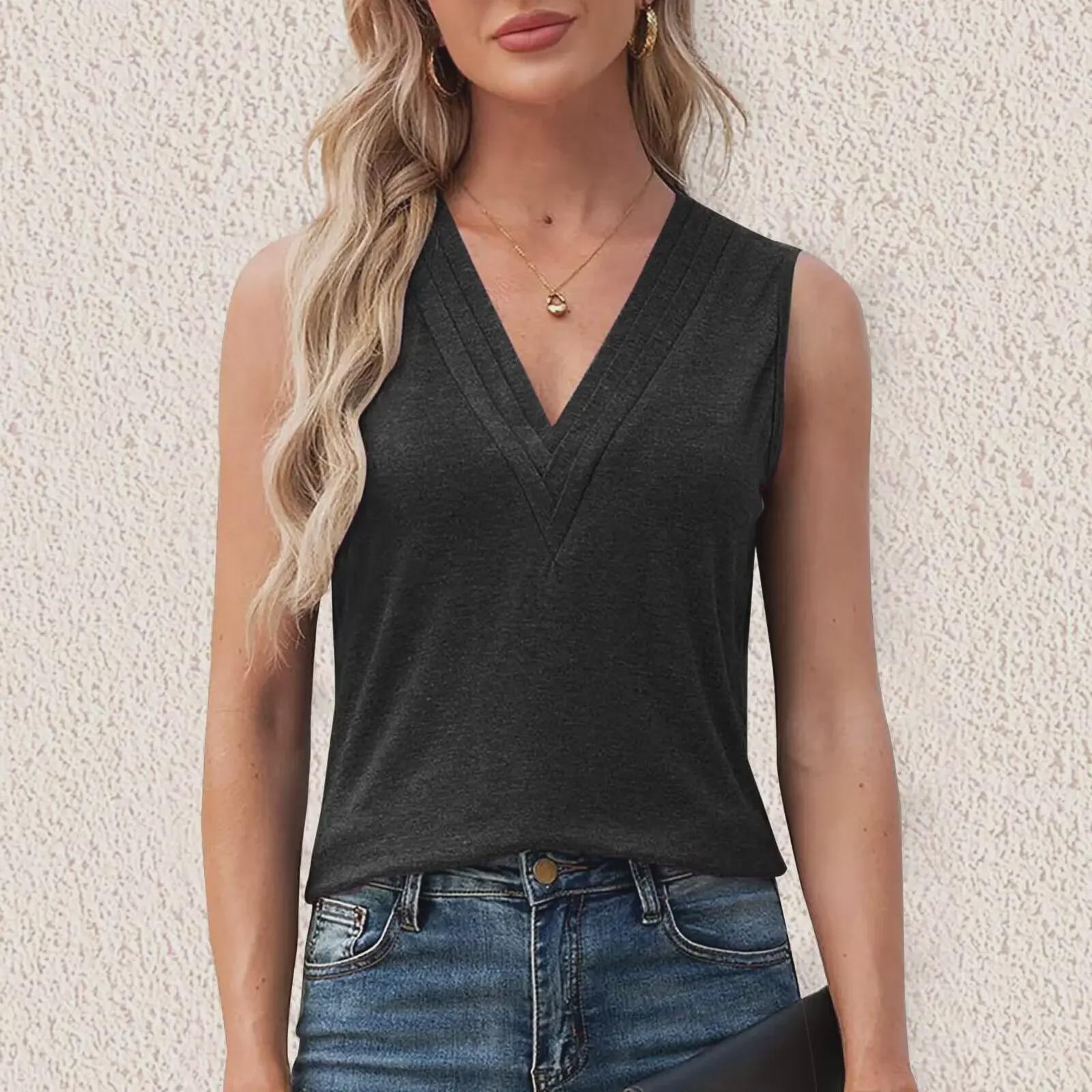 

2024 Multi-Layered Solid Color V-Neck Vest T-Shirt for Women M синій