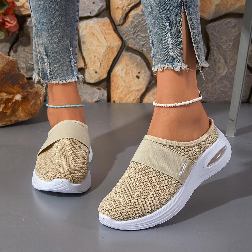 Women's Mesh Flying Woven Half Slip On Shoes, Breathable Flat Heel Mule Sneakers, Comfortable Casual One Step Ladies Daily Footwear