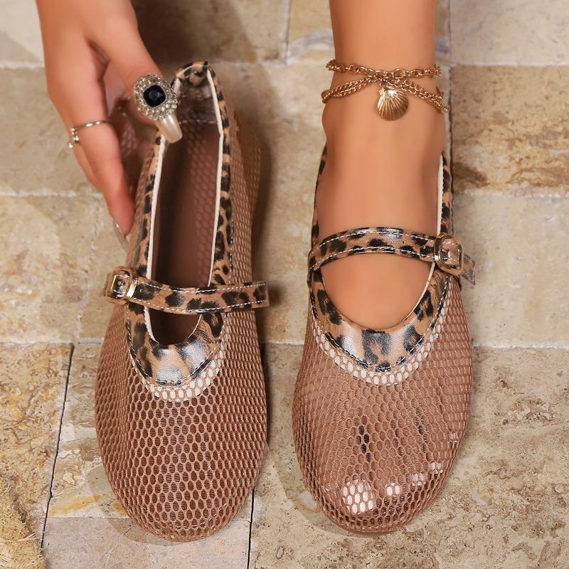 Fashion Shoes for Women 2024 Hot Sale One-word Buckle Women's Flats Mixed Colors Leopard Print Net Cloth Breathable Casual Flat Shoes