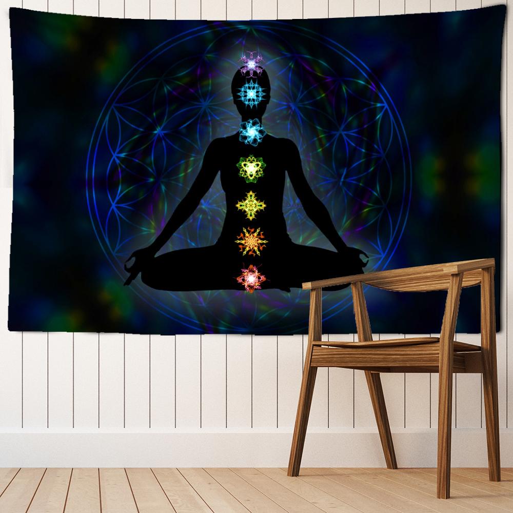 Indian Buddha Statue Meditation 7 Chakra Tapestry Wall Hanging Mandala Tapestries Wall Cloth Psychedelic Yoga Carpet Boho Decor