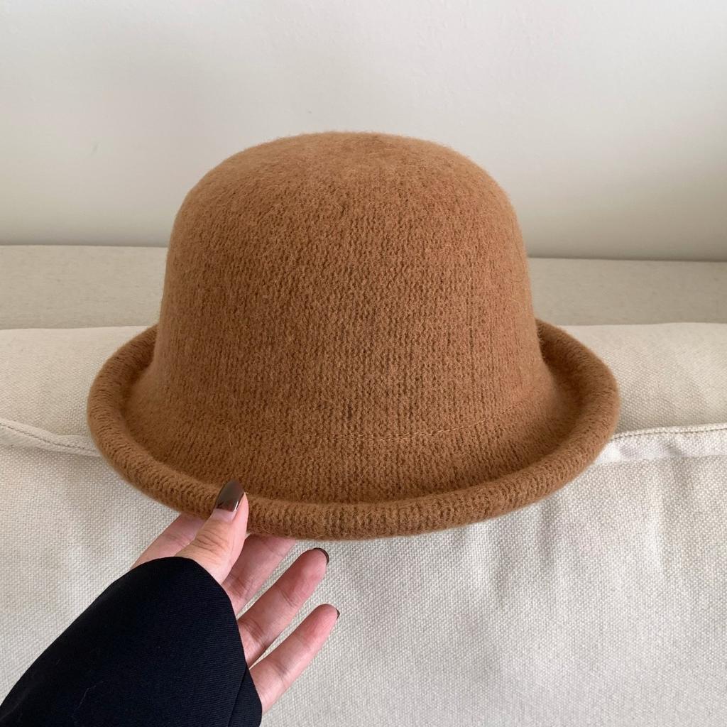 Solid Color Rolled Edge Wool Fisherman Hat Women's Autumn and Winter High End Hat Face Showing Top Hat Dome Casual Basin Hat