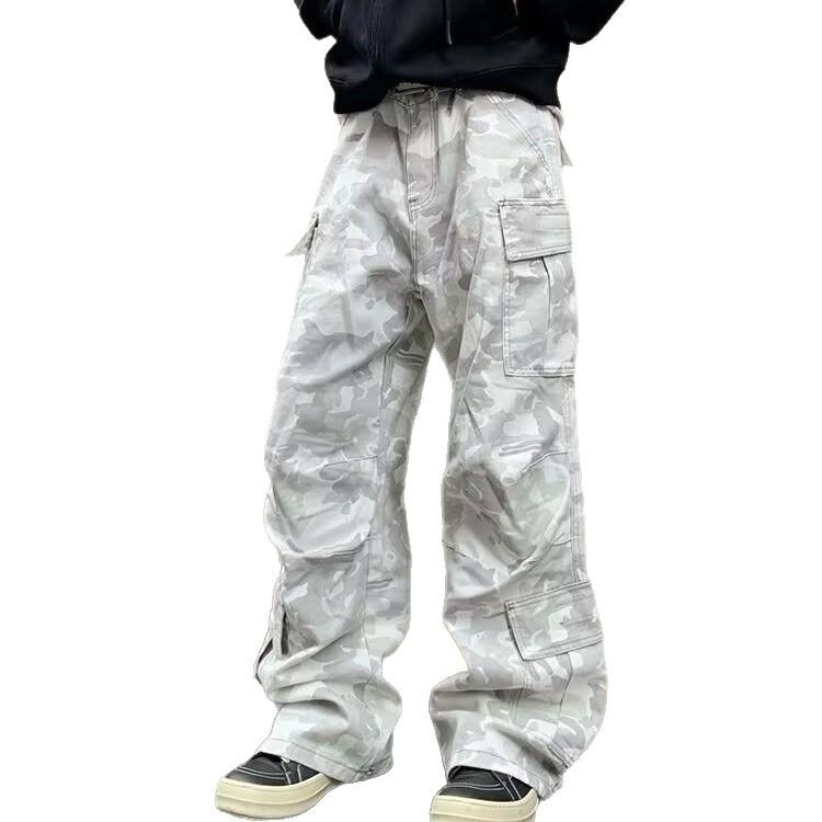 Grey camouflage overalls men's and women's tied feet American high street hiphop wide-leg straight casual long pants tide ins