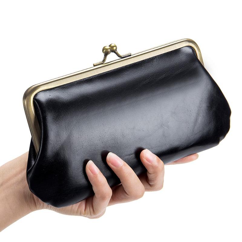 New European and American Retro Clip Bag, Simple Leather, Long Clutch Bag, Wallet, Clutch Mouth, Gold Storage Bag, Large Capacity