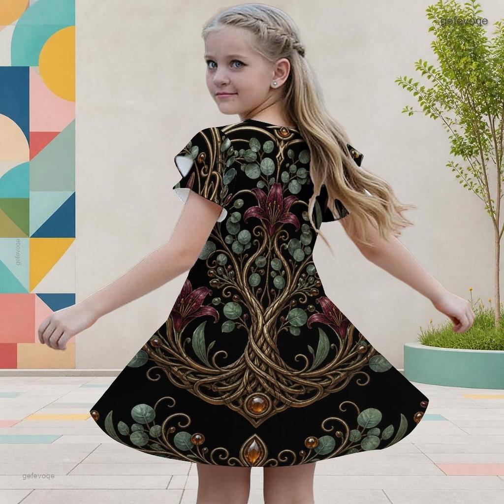 Girls Round Neck Flutter Sleeve Black Tree Floral Printed A Line Flared Dress