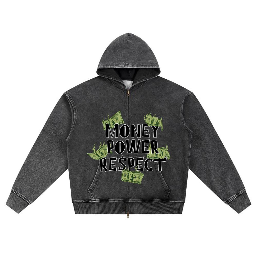DTG print Knitted Denim Zip-Up Hoodie Money Power Respect Brother Print Zipper Hoodies  