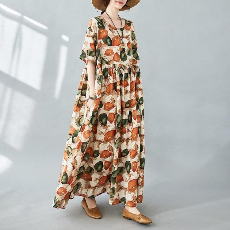 Vintage Blumen Baumwollkleid in Übergröße für Damen Lässig Locker Lang Sommer Kurzarm Neu