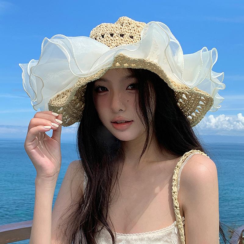 Sweet Cute Cherry Lace Edge Straw Hat For Women Summer Hollow Seaside Beach Vacation Big Brim Sunshade Cap Sun Cap