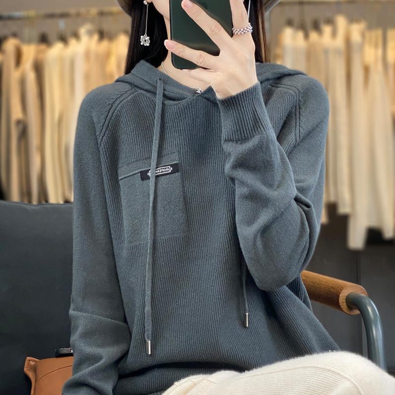 DAFIFY Women's Fashion Casual Fall Winter Solid Color Print Long Sleeve Hooded Sweaters