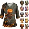 Women's V-Neck Costume with Pockets Halloween Print Side Slit 3/4 Sleeve Top for Cosplay Party