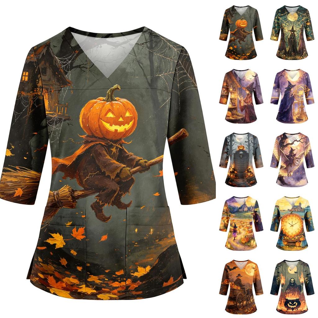 Women's V-Neck Costume with Pockets Halloween Print Side Slit 3/4 Sleeve Top for Cosplay Party