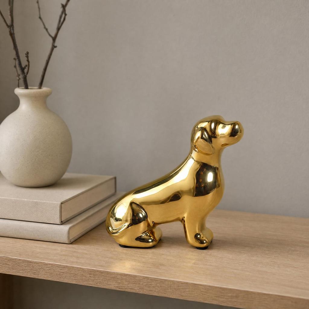 Dog Figurine with Glossy Electroplated Finish Polished Surface Ceramic