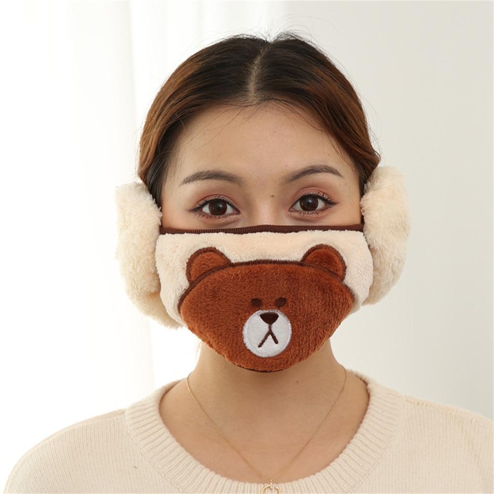 

Утолщенная плюшевая маска для рта, защита от холода, согревает уши, повседневная маска 2 в 1, наушники, женская, для девочек bear-coffee