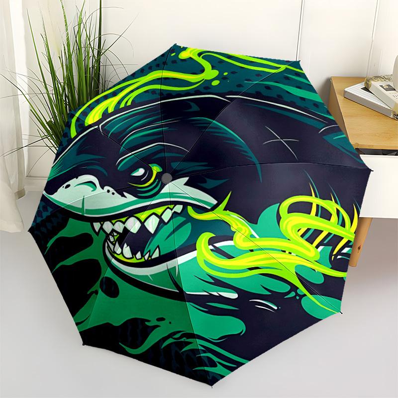 1pc Shark Waves Auto Open/Close Umbrella with Windproof, Functional Design, 8-Rib Sturdy Canopy, Durable Ribs,024