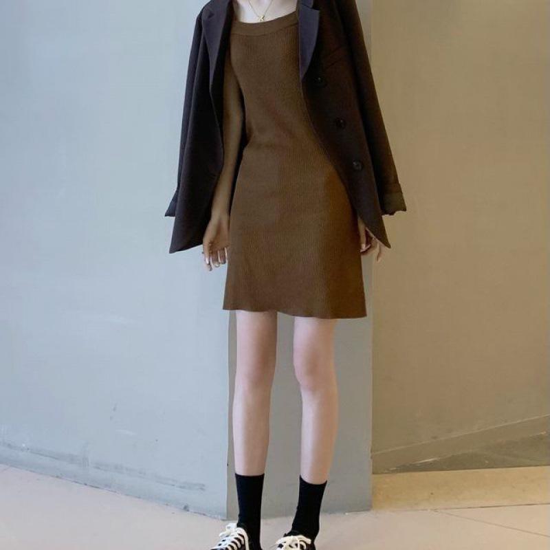 Women's Korean-Style Knitted Spaghetti Strap Dress - Slimming & Flattering, Perfect for Spring and Autumn Layering
