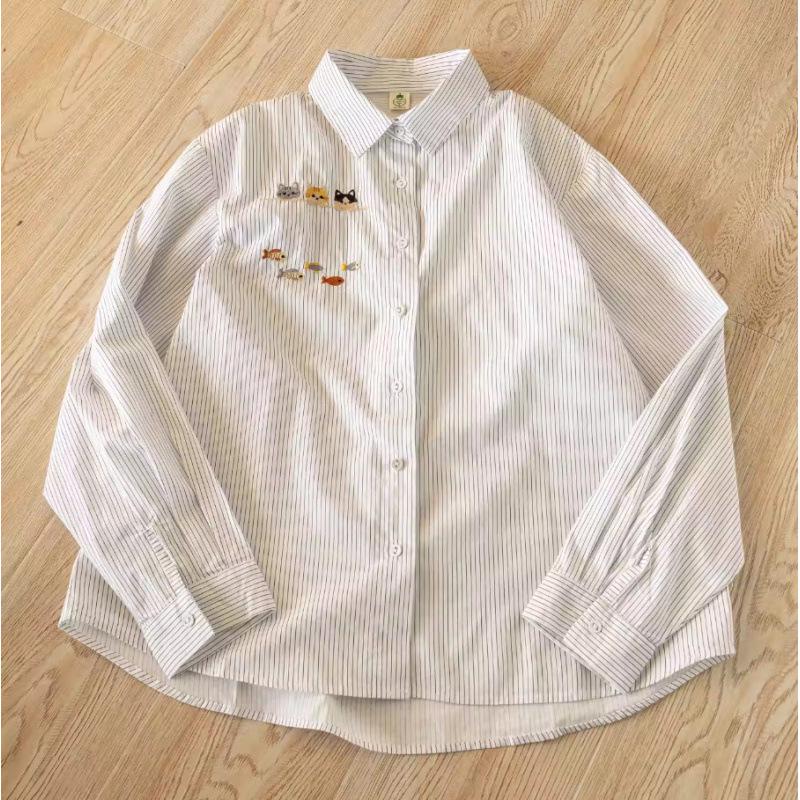 Spring 2026 Trendy Cartoon Cat Embroidered Striped Long Sleeve Lapel Shirt for Women One Size белый