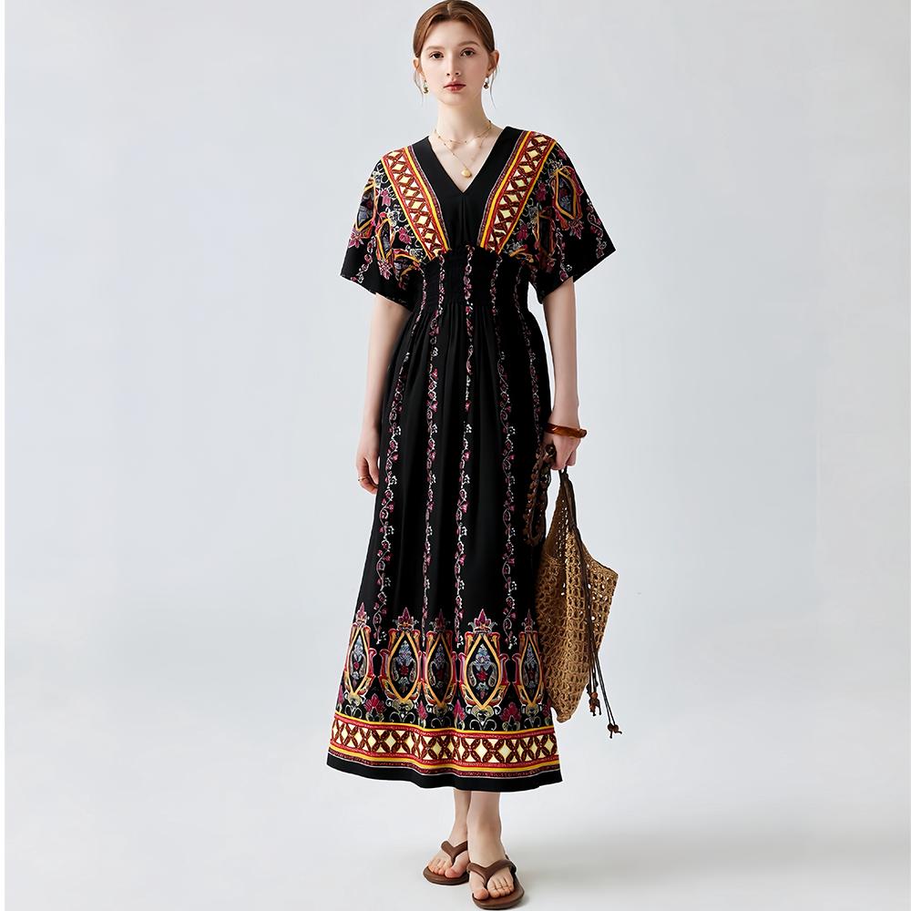 Bohemian-Style Cotton-Silk V-Neck Batwing Print Dress Summer Casual Vacation Beach Dress